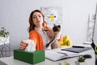 allergic woman sitting with cat near graphic tablet and taking paper napkin from blurred pack clipart