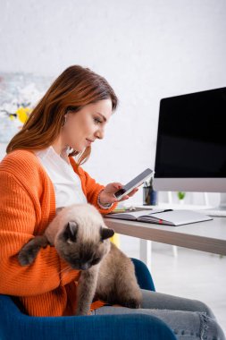 Akıllı telefon kullanırken kedi tutan güzel bir kadın boş ekranlı bulanık monitörün yanında