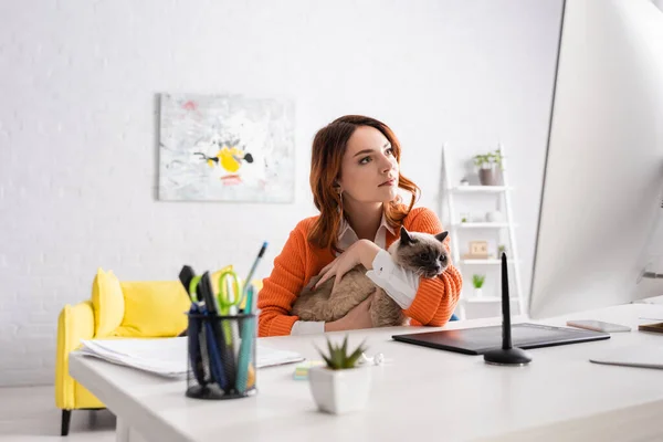 Designer Håller Katt Medan Tittar Datorskärm Nära Grafisk Tablett Skrivbordet — Stockfoto