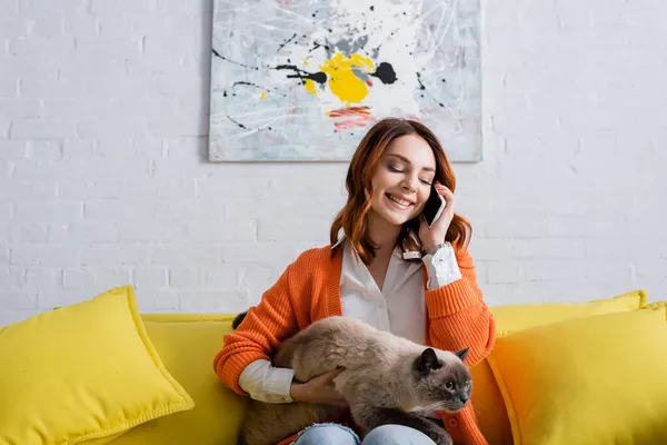 Jovem Alegre Sentada Sofá Amarelo Com Gato Falando Smartphone — Fotografia de Stock