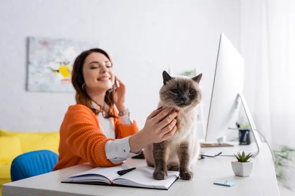 Blurred Woman Smiling While Petting Cat Sitting Desk Notebook — Stock Photo, Image