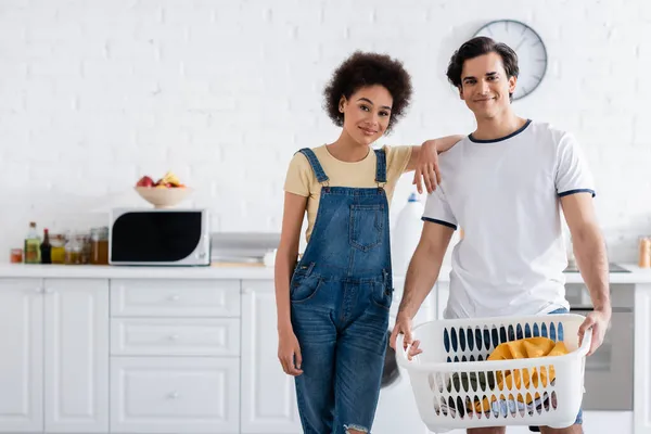 Happy Interracial Couple Basket Dirty Laundry — Stock Photo, Image