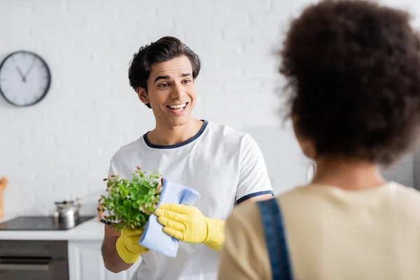 戴着橡胶手套的快乐男人拿着破布和绿色的植物 看着模糊的非洲裔美国女人 — 图库照片