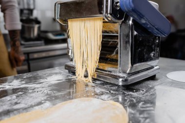 Makarna makinesinin kesilmiş görüntüsü ve mutfakta spagetti. 