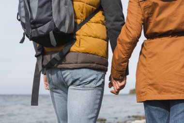 Deniz kenarında yürürken el ele tutuşan kırpık adam ve kadının arka görüntüsü