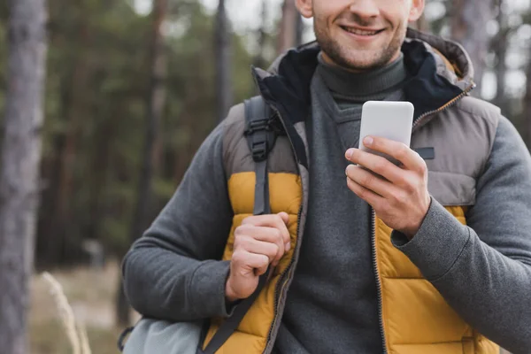 Partial View Man Backpack Using Smartphone Navigation Forest — Stock Photo, Image