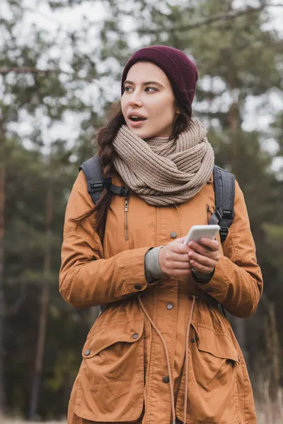 在森林里徒步旅行时 带着手机远眺的体贴女人 — 图库照片