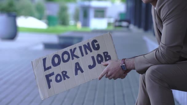 Cropped View Man Holding Carton Looking Job Lettering Stock Footage