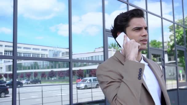 Slow Motion Businessman Talking Smartphone Modern Building Video Clip