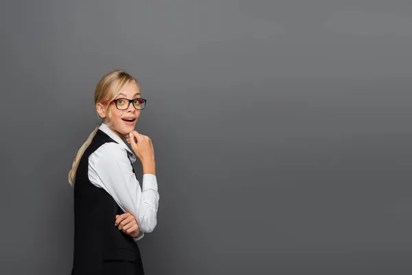 Astonished Businesswoman Eyeglasses Looking Camera Isolated Grey — Stock Photo, Image