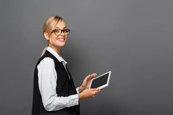 Smiling Blonde Businesswoman Holding Digital Tablet Isolated Grey — Stock Photo, Image