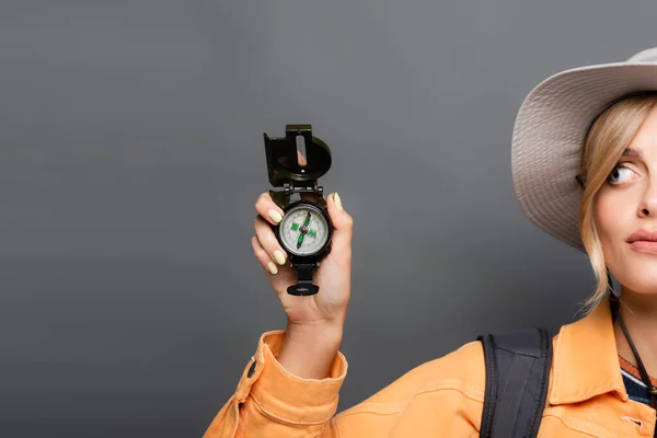 Cropped View Young Tourist Hat Holding Compass Isolated Grey — Stock Photo, Image