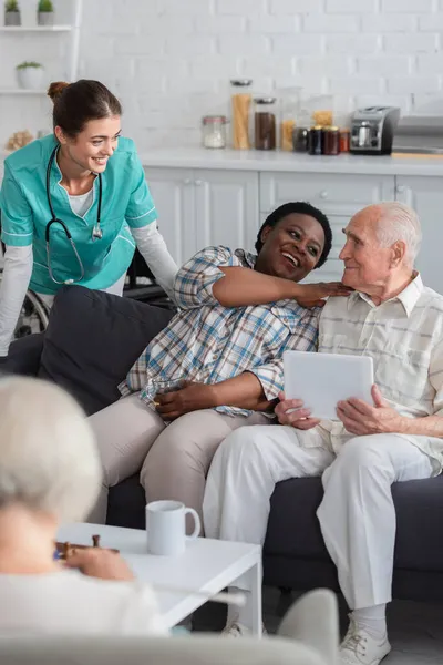 Happy African American Woman Tea Looking Friend Digital Tablet Nurse — Stock Photo, Image