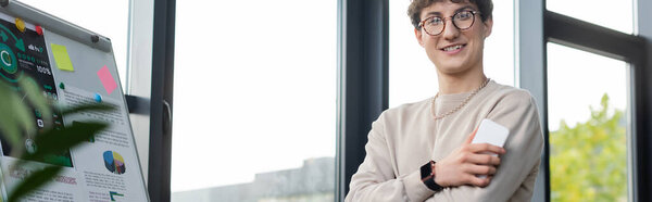 Улыбающийся бизнесмен, держащий смартфон и смотрящий на камеру возле флип-чарта в офисе, баннер 