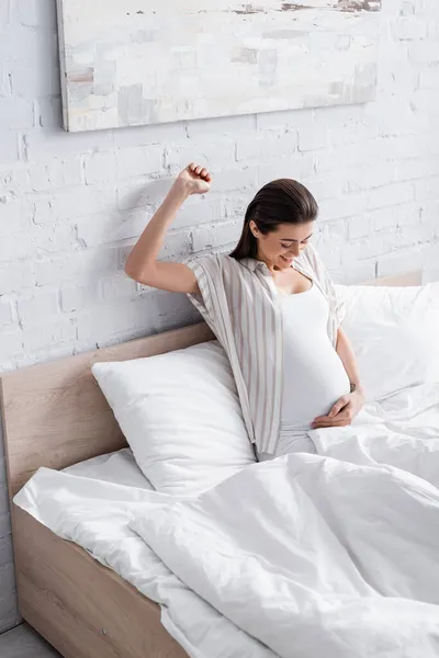 Cheerful Pregnant Woman Looking Belly Bedroom — Stock Photo, Image