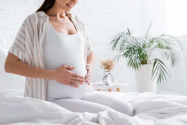 Partial View Cheerful Pregnant Woman Touching Belly Bedroom — Stock Photo, Image