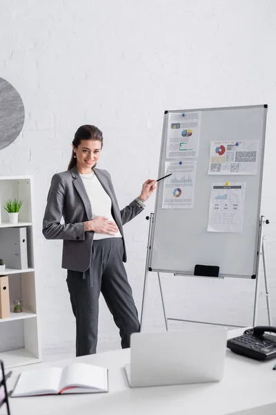 Mulher Grávida Feliz Apontando Para Flip Chart Durante Conferência Line — Fotografia de Stock