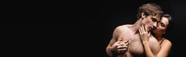 Brunette Woman Touching Face Shirtless Boyfriend Isolated Black Banner — Stock Photo, Image