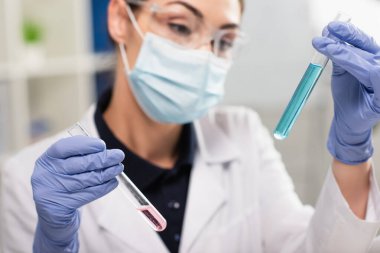 Bulanık lateks eldivenli bilim adamı laboratuarda test tüpleri tutuyor. 