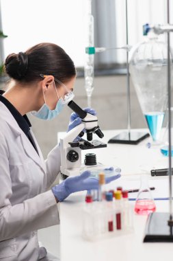 Gözlüklü ve tıbbi maskeli bilim adamı şişelerin yanında mikroskop kullanıyor ve laboratuarda kan örnekleriyle test tüpleri kullanıyor. 