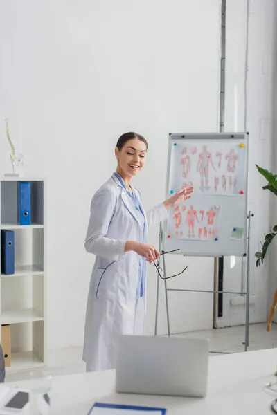 Médico Sorrindo Apontando Para Flip Chart Durante Videochamada Laptop Hospital — Fotografia de Stock