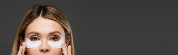 Cropped View Young Woman Applying Eye Patches Isolated Grey Banner — Stock Photo, Image