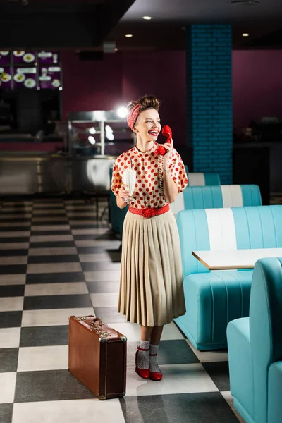 Happy Young Pin Woman Holding Milkshake Handset Retro Suitcase — Stock Photo, Image