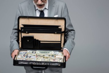Şaşırmış iş adamının elinde dolarlarla gri bir çanta tutuşu görüntüsü.