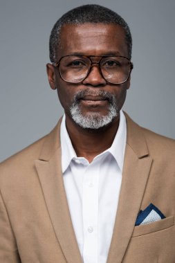Gözlüklü yaşlı Afro-Amerikan işadamı gri kameraya bakıyor.