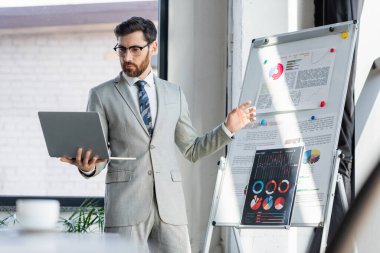 Takım elbiseli bir iş adamının laptopta ofis çizelgesinin yanında görüntülü görüşmesi var. 