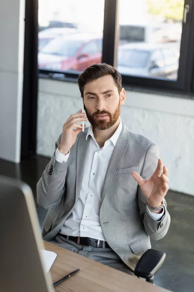 Businessman Talking Smartphone Computer Notebook Office — Stock Photo, Image