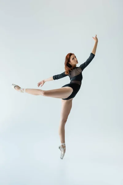 Full Length Ballerina Black Bodysuit Performing Dance Isolated Grey — Stock Photo, Image