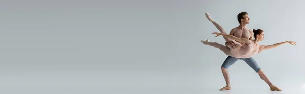 Gri Pankartta Soyutlanmış Zarif Balerini Kaldıran Üstsüz Balerin — Stok fotoğraf