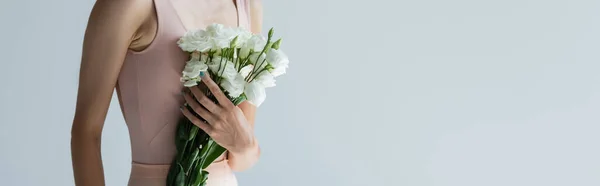 Cropped View Ballerina Holding Bouquet Eustoma Flowers Isolated Grey Banner — Stock Photo, Image