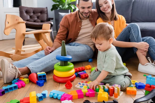 Toddler Kid Playing Educational Game Parents Rocking Horse Home — Stock Photo, Image