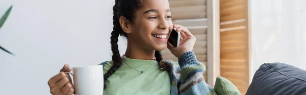 Happy African American Girl Holding Tea Cup Conversation Cellphone Banner — Stock Photo, Image