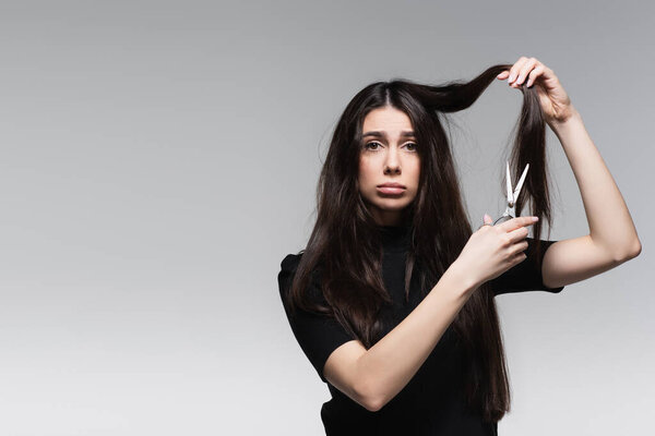 upset young woman in black turtleneck holding scissors near long damaged hair isolated on grey