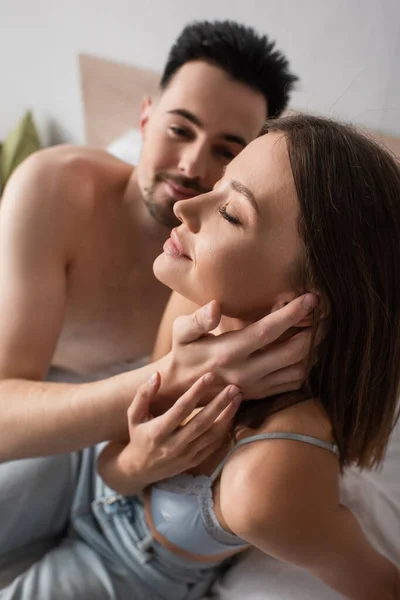Passionate Woman Closed Eyes Shirtless Man Embracing Her Bedroom — Stock Fotó