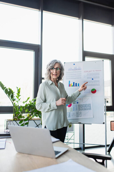 Smiling businesswoman pointing at flip chart during video call on blurred laptop in office 