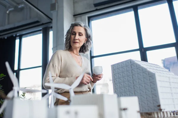 灰色の髪のビジネスマンの女性がコーヒーカップを保持し オフィス内の建物のモデルを見て — ストック写真