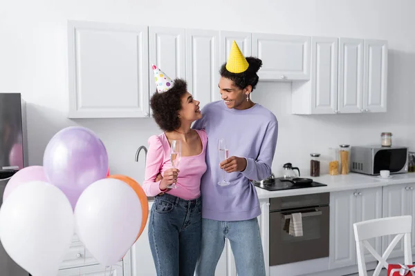 Positive African American Man Holding Glass Champagne Hugging Girlfriend Party — Stock Photo, Image