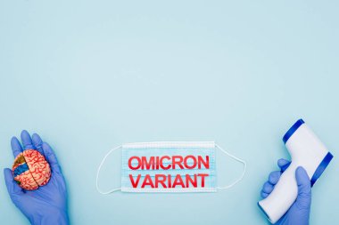 partial view of scientist with brain model and pyrometer near medical mask with red omicron lettering on blue