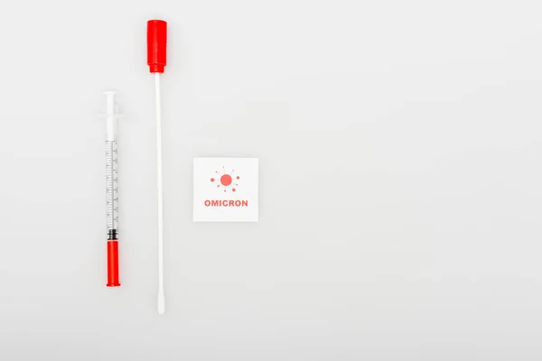 Top View Card Omicron Lettering Bacteria Icon Swab Test Syringe — Stock Photo, Image
