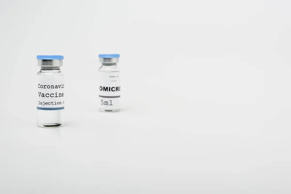 Vials Covid Omicron Vaccine Grey Background Copy Space — Stock Fotó