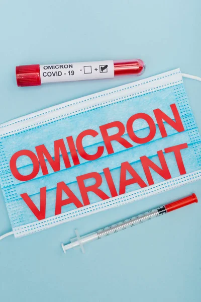 Top View Medical Mask Red Omicron Variant Lettering Syringe Test — Stock Photo, Image