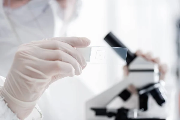 Blurred Scientist Holding Laboratory Slide While Working Microscope — Stockfoto