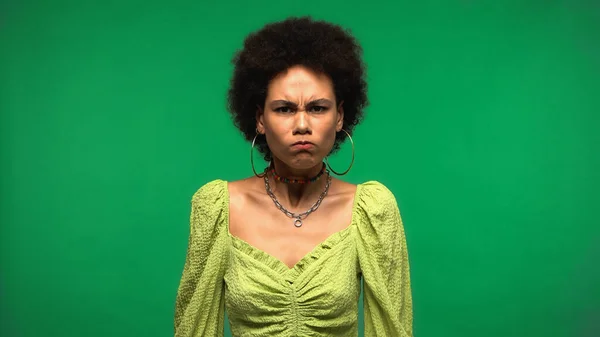 Irritated Young African American Woman Looking Camera Isolated Green — Fotografia de Stock