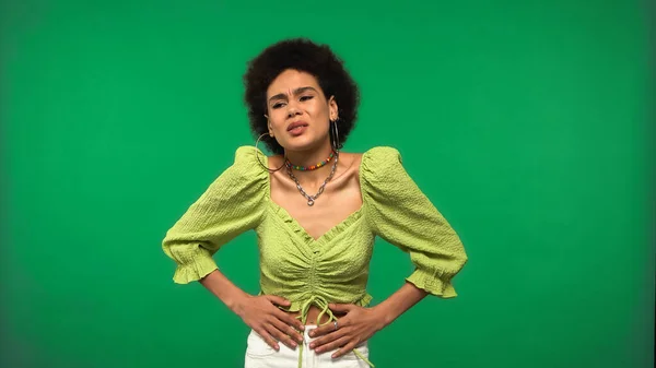 Dissatisfied African American Woman Hoop Earrings Having Stomach Ache Isolated — Fotografia de Stock