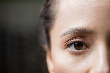 partial view of young woman looking at camera, eye care concept