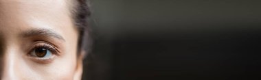 cropped view of young woman looking at camera, eye care concept, banner